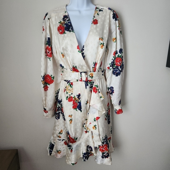 Tory Burch | 100% Silk Printed Wrap Dress with Belt in Ivory Tea Rose - Size 8 - Picture 3 of 16